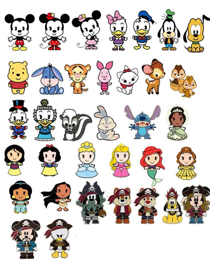 many different cartoon characters are grouped together