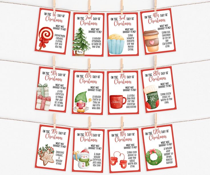 christmas tags hanging from clothes pins with candy and gifts on them for the holiday season