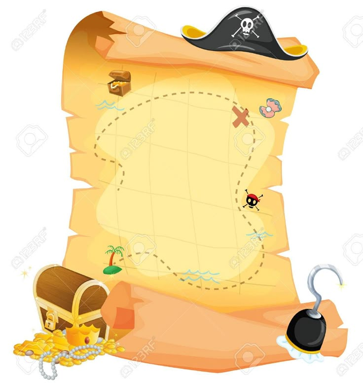 an old paper scroll with pirate symbols and a hat on it stock photo - image