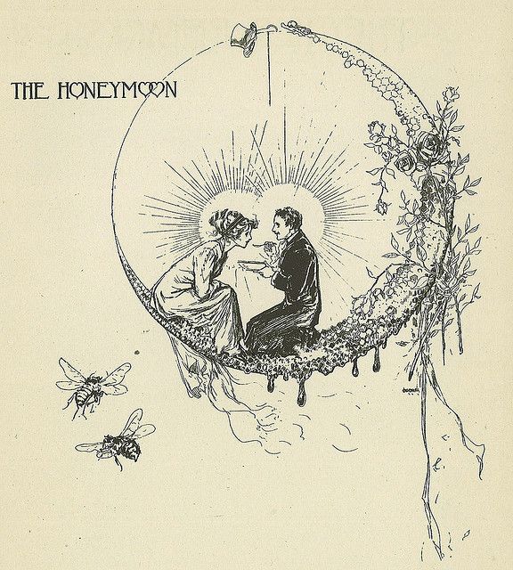 an old book with a drawing of two people on the moon and bees flying around