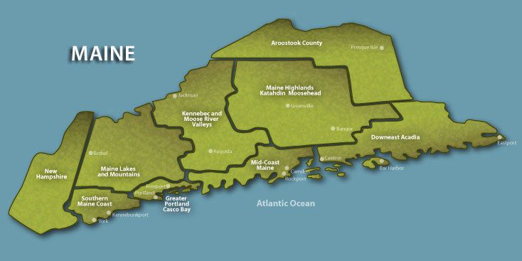 a map of maine with all the states and their major cities on it's sides