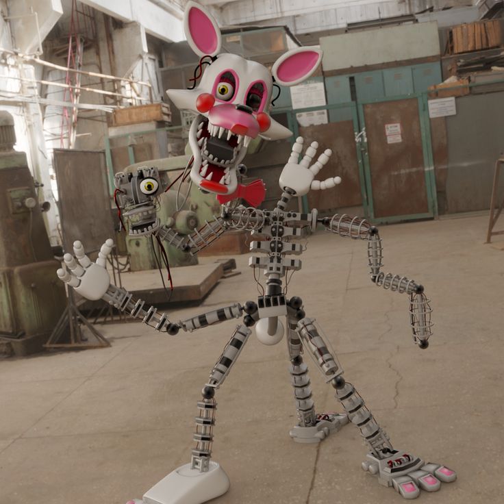 a sculpture of a rabbit is standing in the middle of an industrial building with its mouth open