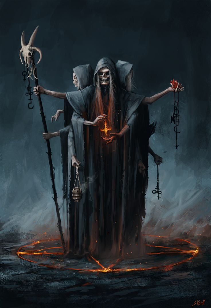 a painting of a grimter holding two torches in his hands and an evil demon standing next to him