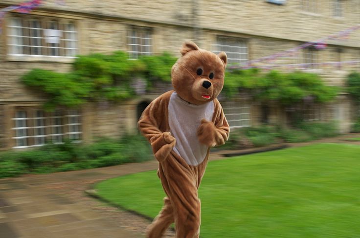 a person in a teddy bear costume running down the street with a house behind them