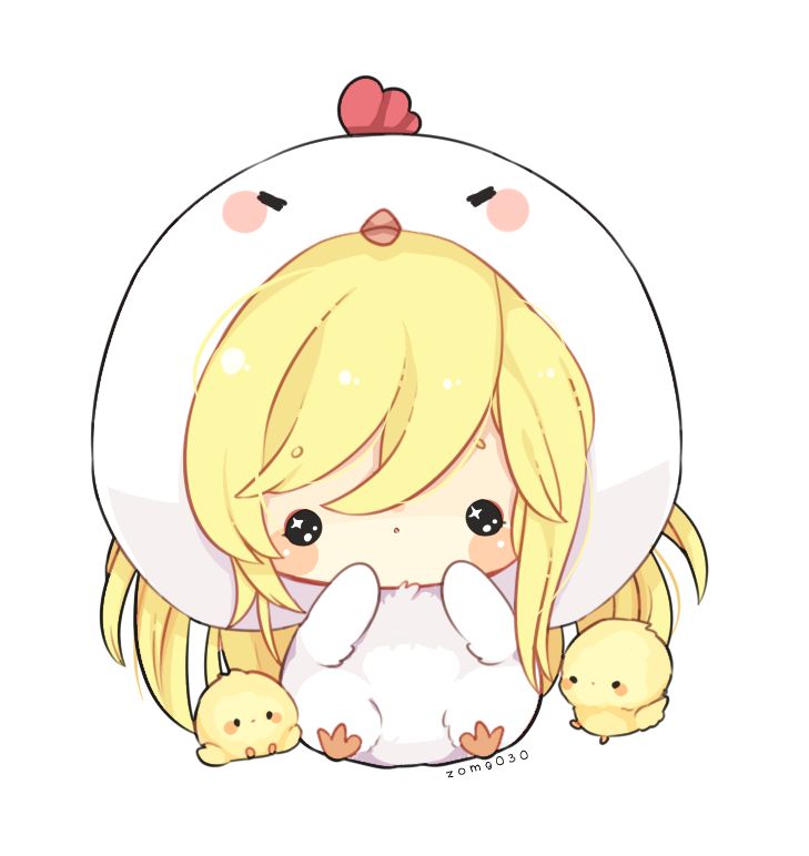 a cartoon girl with blonde hair and two little chicks in front of her, wearing a white