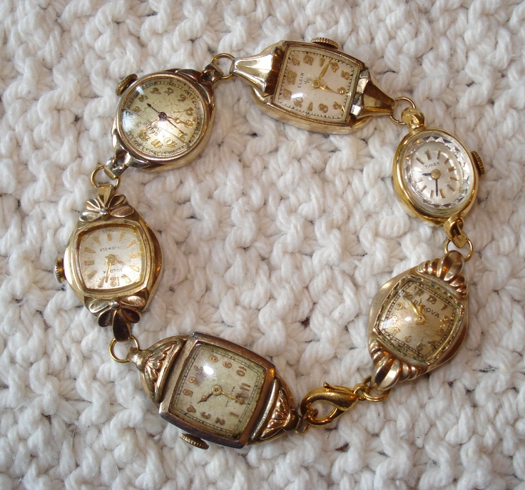 Vintage watch bracelet. No two are alike, for obvious reasons :). $90 includes shipping/handling but not insurance which is recommended. Watch Bracelets, Watch Art, Watch Jewelry, Vintage Jewelry Crafts, Bracelet Watches Women, Jewelry Watch, Luxe Jewelry, Old Watches, Watch Bracelet