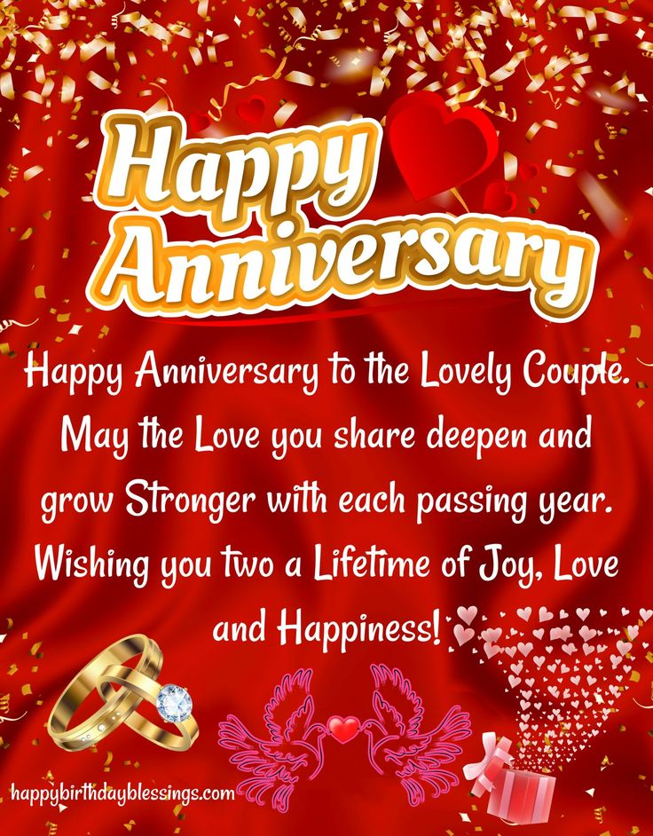 happy anniversary message for couple with red background and gold confetti on the side