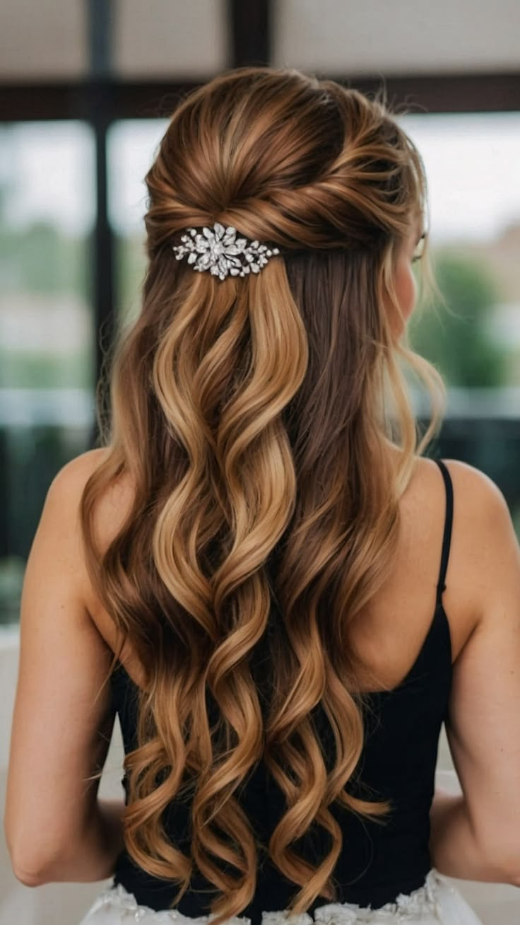 Discover stunning half-up half-down bridesmaid hairstyles for medium length hair Whether you prefer curly full or half-up braided styles these simple and easy all half-up half-down bridal looks are perfect for any occasion Half Up Half Down With Headpiece, Bridesmaid Hairstyles Half Up Half Down Dark Hair, Long Hairstyles For Prom Half Up, Curled Half Up Half Down Wedding, Bride Hair Half Up Half Down Front View, Hair Half Up And Down, Cute Wedding Hairstyles Bridesmaid, Wedding Maid Of Honor Hairstyles, Wedding Hairstyles Half Up Half Down With Braid