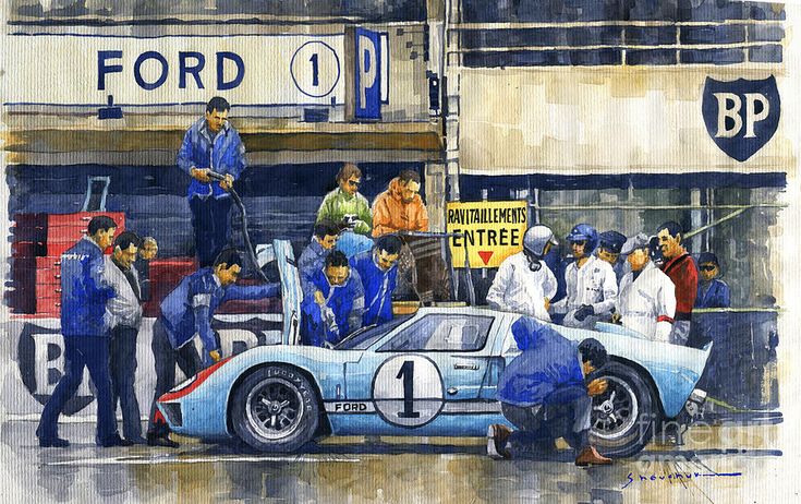 a painting of a race car being worked on by some men in front of a building