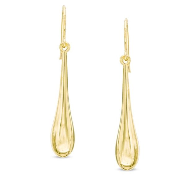 Certain to delight, these fashion drop earrings set a stylish tone. Crafted in warm 14K gold, each earring features a striking teardrop-shaped dangle. Polished to a bright shine, these earrings secure with French wire backs. Elegant Pierced Teardrop Earrings, Modern Gold Teardrop Linear Earrings, Formal Teardrop Pendant Earrings, Elegant Polished Teardrop Drop Earrings, Polished Finish Drop Earrings, Gold Teardrop Linear Earrings, Formal Dangle Teardrop Earrings With French Hook, Classic Teardrop Dangle Earrings With French Hook, Elegant Teardrop Pendant Earrings With French Hook