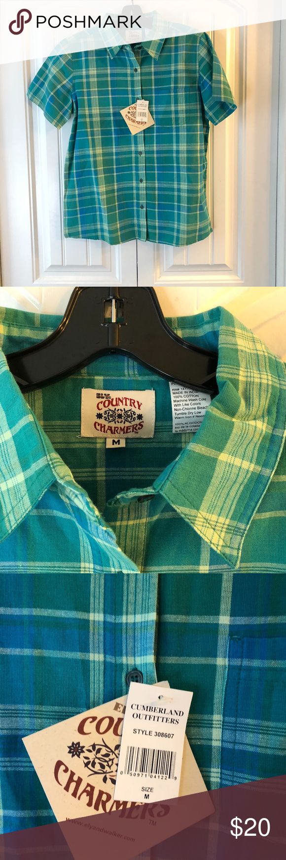 Green Blue Plaid Country Top Size M NWT Country Charmers Size Medium New With Tags Green Blue Yellow 42" Bust 26" Long  Additional Tags:  Country Wester, Equestrian Wear, Show Wear, Riding Wear, Cowgirl, Plaid, Button Down Shirt, Short Sleeve Country Charmers Tops Button Down Shirts Button Down Shirt Short Sleeve, Shirt Short Sleeve, Blue Plaid, Blue Yellow, Equestrian, Blue Green, Button Down Shirt, Plaid, Size Medium