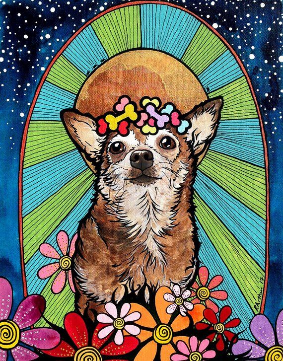 a painting of a dog with flowers on its head and the words rollihan in front of it