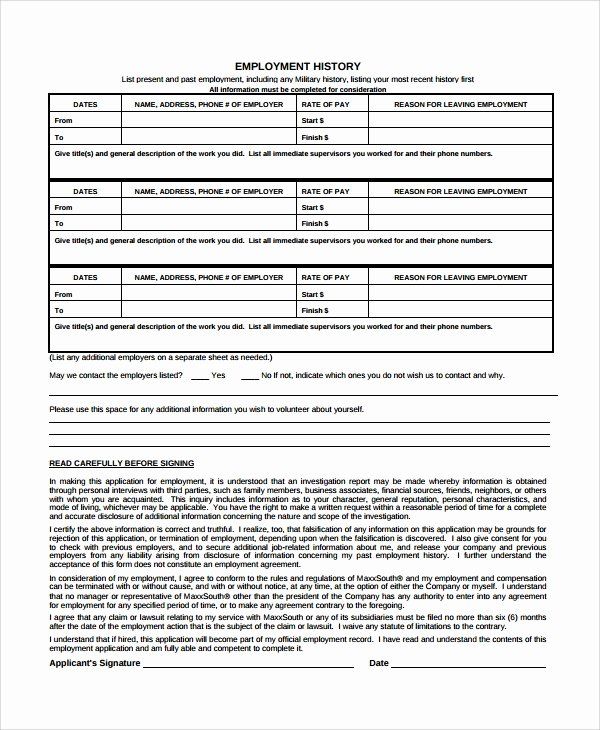 sample employment form for an employee