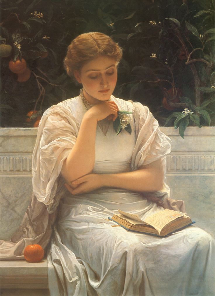 a painting of a woman sitting on a bench with an open book in her hand