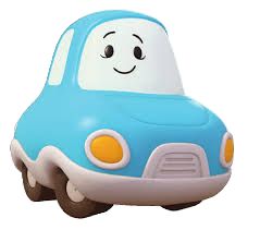 a blue and white toy car with a smiling face