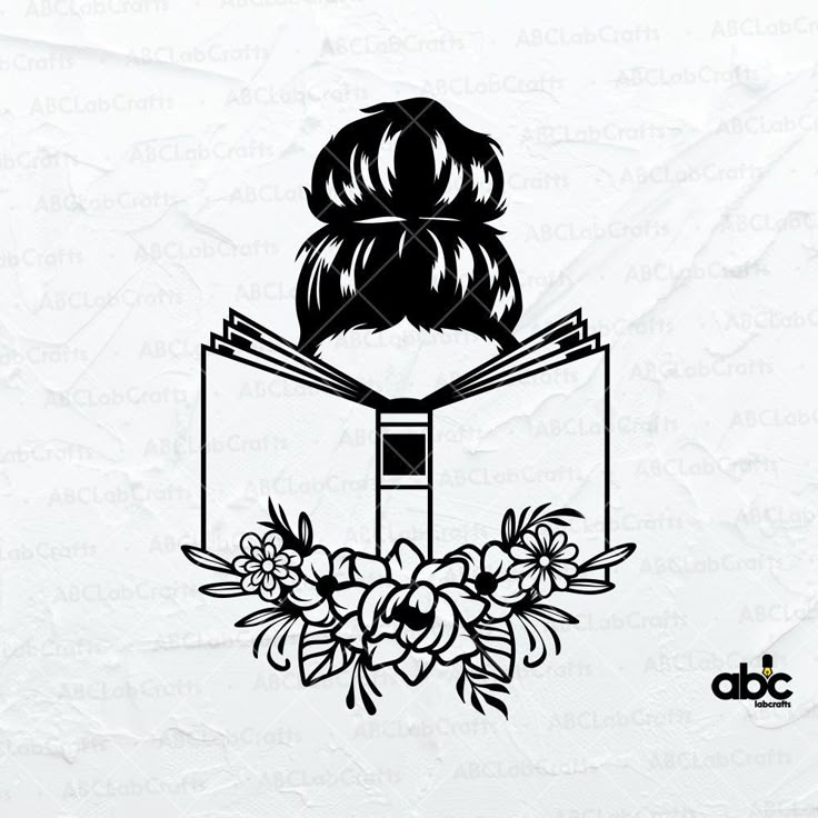 the silhouette of a woman reading a book with flowers in her hair, on top of a