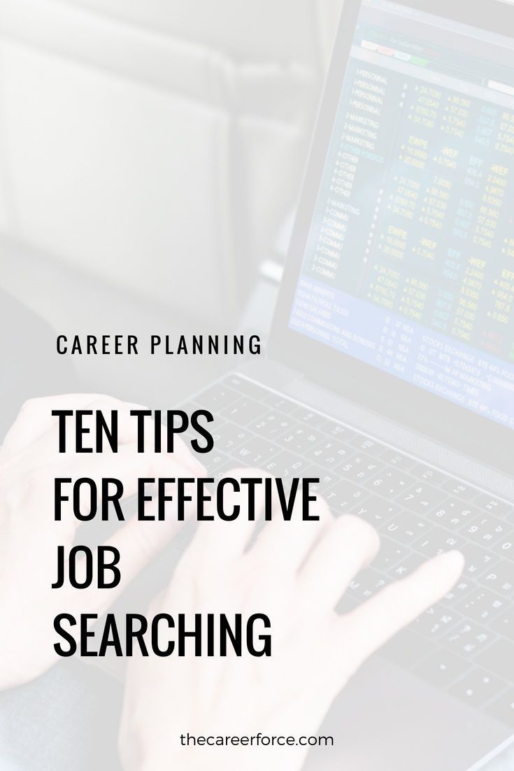 a person typing on a laptop with the text career planning ten tips for effective job searching