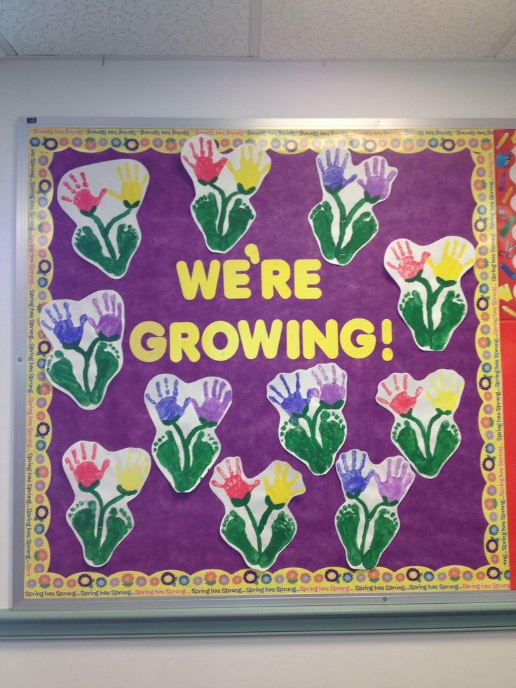 a bulletin board that says we're growing with handprinted flowers on it