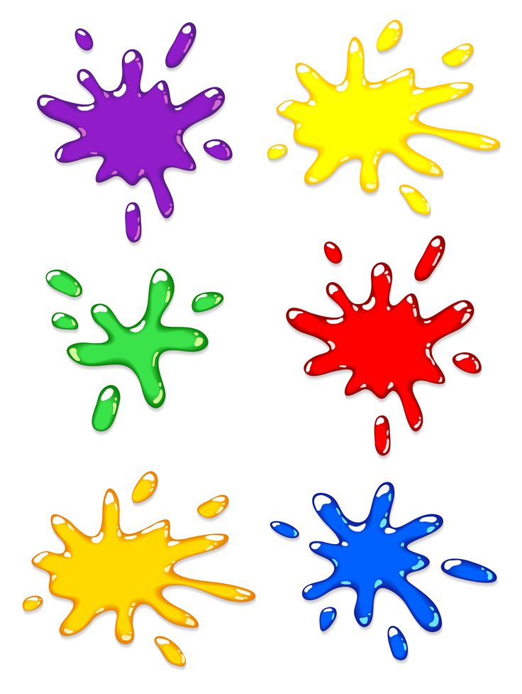 four different colors of paint splattered on a white background