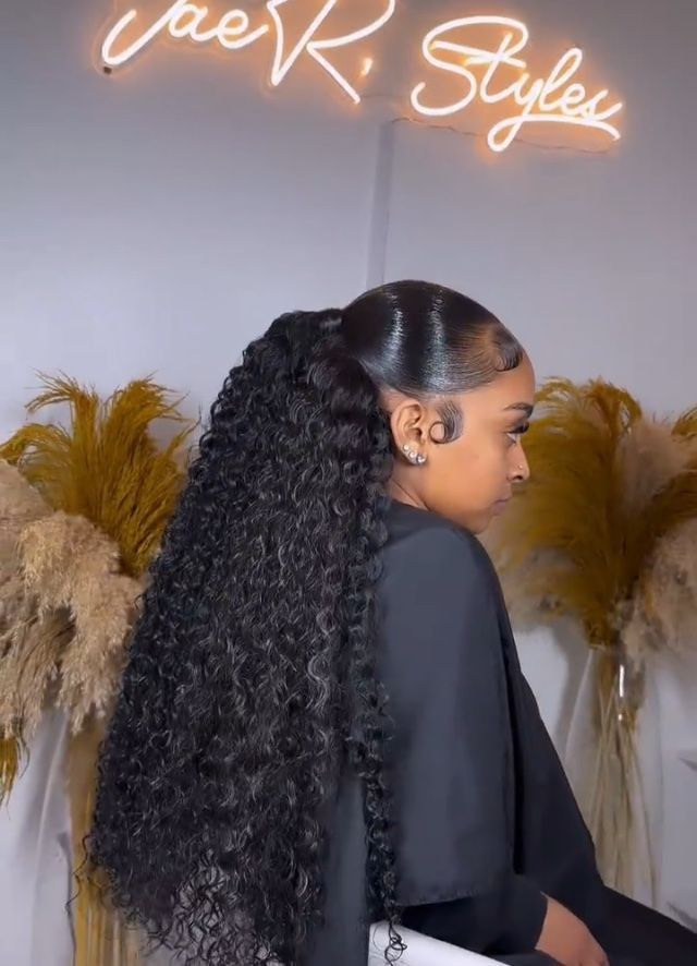 Slick Ponytail With Curly Weave, Slick Back Half Up Half Down Hair Black, Curly Hair Sew In, Sleek Braided Ponytail, Baddie Hair, Quick Weaves, Weave Ponytail Hairstyles, Sleek Ponytail Hairstyles, Birthday Hairstyles