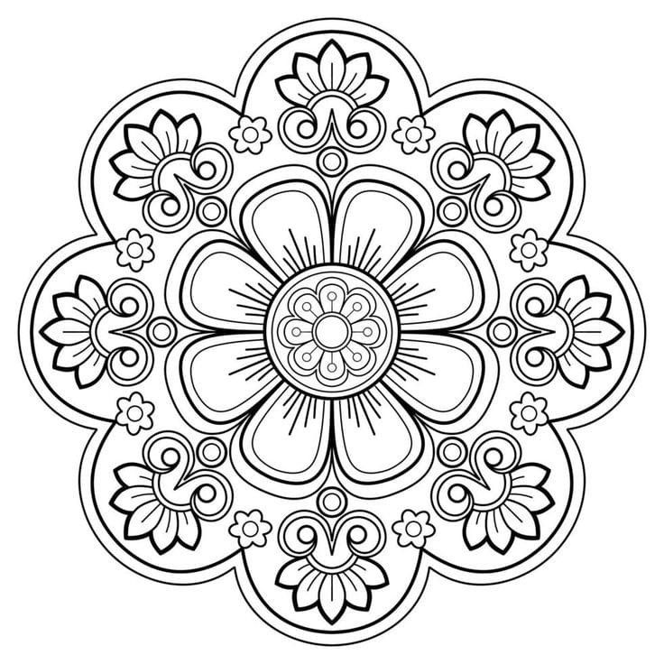 a black and white circular design with flowers in the center, on a white background