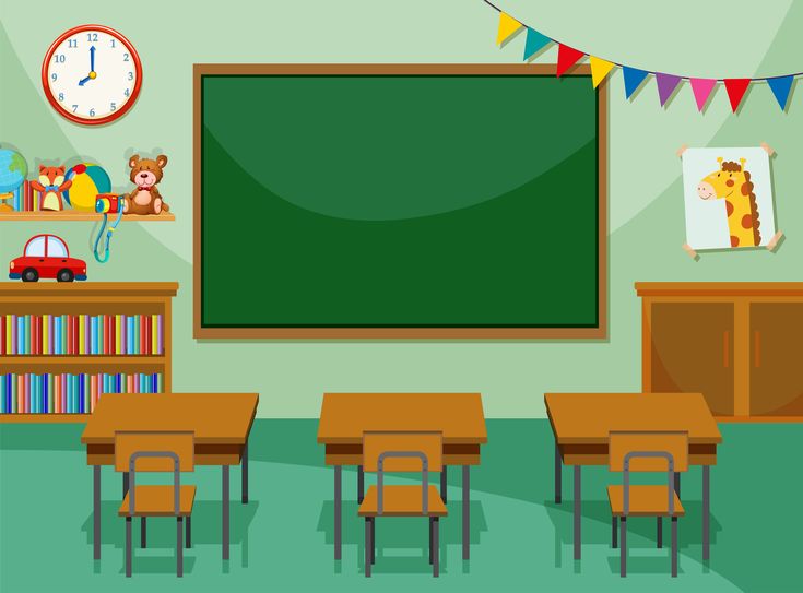 a classroom with desks, bookshelves and a chalkboard on the wall