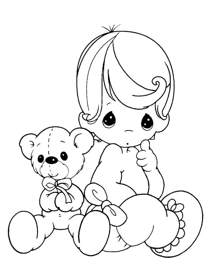 a black and white drawing of a baby holding a teddy bear