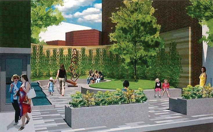 an artist's rendering of people walking around in the park, surrounded by planters and trees