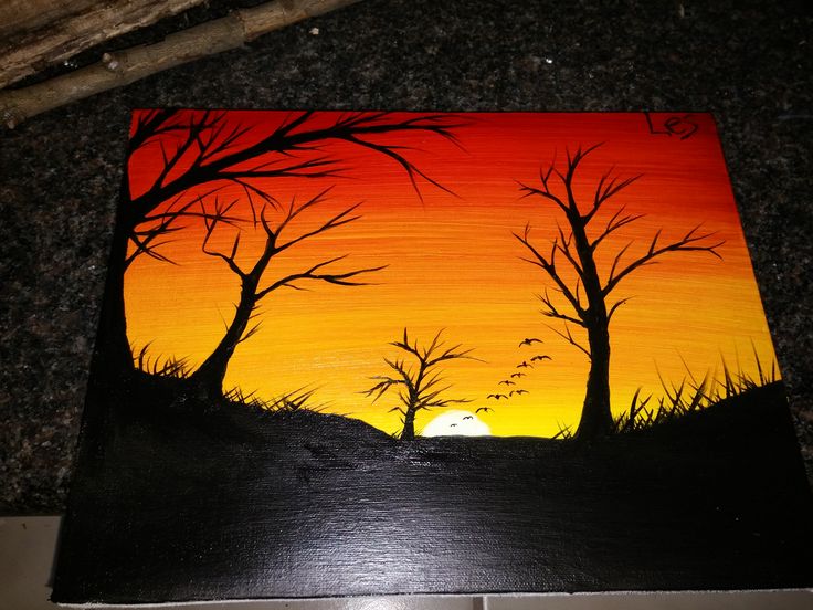 an acrylic painting of trees at sunset