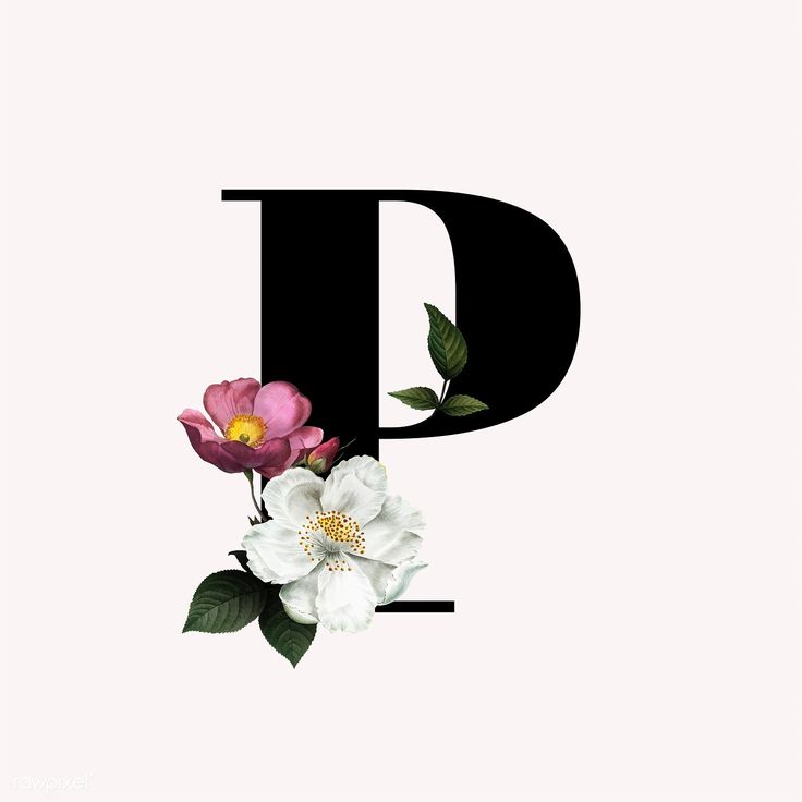 the letter p is decorated with flowers on it's back and bottom letters are black, white, and pink