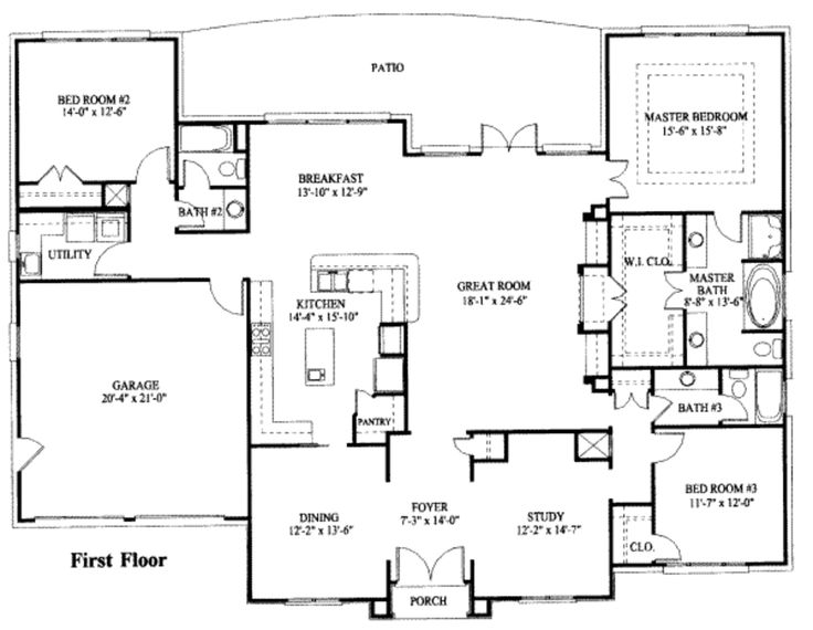 the first floor plan for a home with three bedroom and two bathroom areas on each side