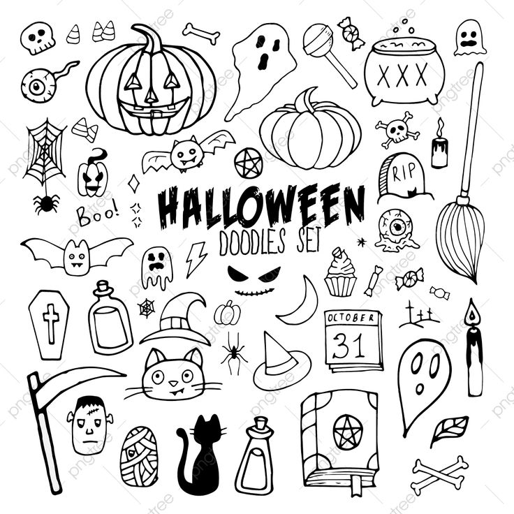 halloween doodles set in black and white with the word halloween written on it's side