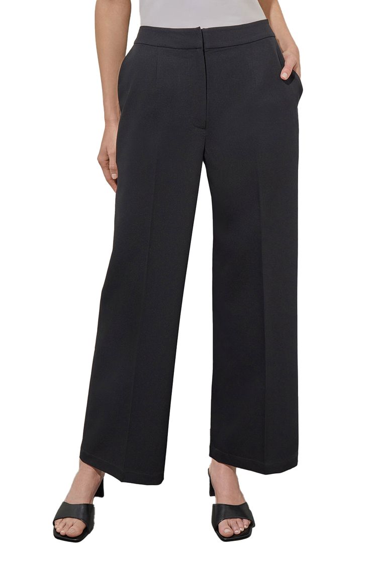 Staple pants in a classic wide-leg silhouette are crafted from a seasonless blend that stays neat and polished from desk to dinner. 29" inseam (size XS) Zip fly with hook-and-bar closure; back elastic waist Front slant pockets 78% polyester, 18% rayon, 4% spandex Hand wash, dry flat Imported Staple Pants, Hairstyling Products, Rollerball Perfume, Fragrance Design, Nordstrom Store, Black Fits, Styling Tools, Travel Size Products, Leg Pants