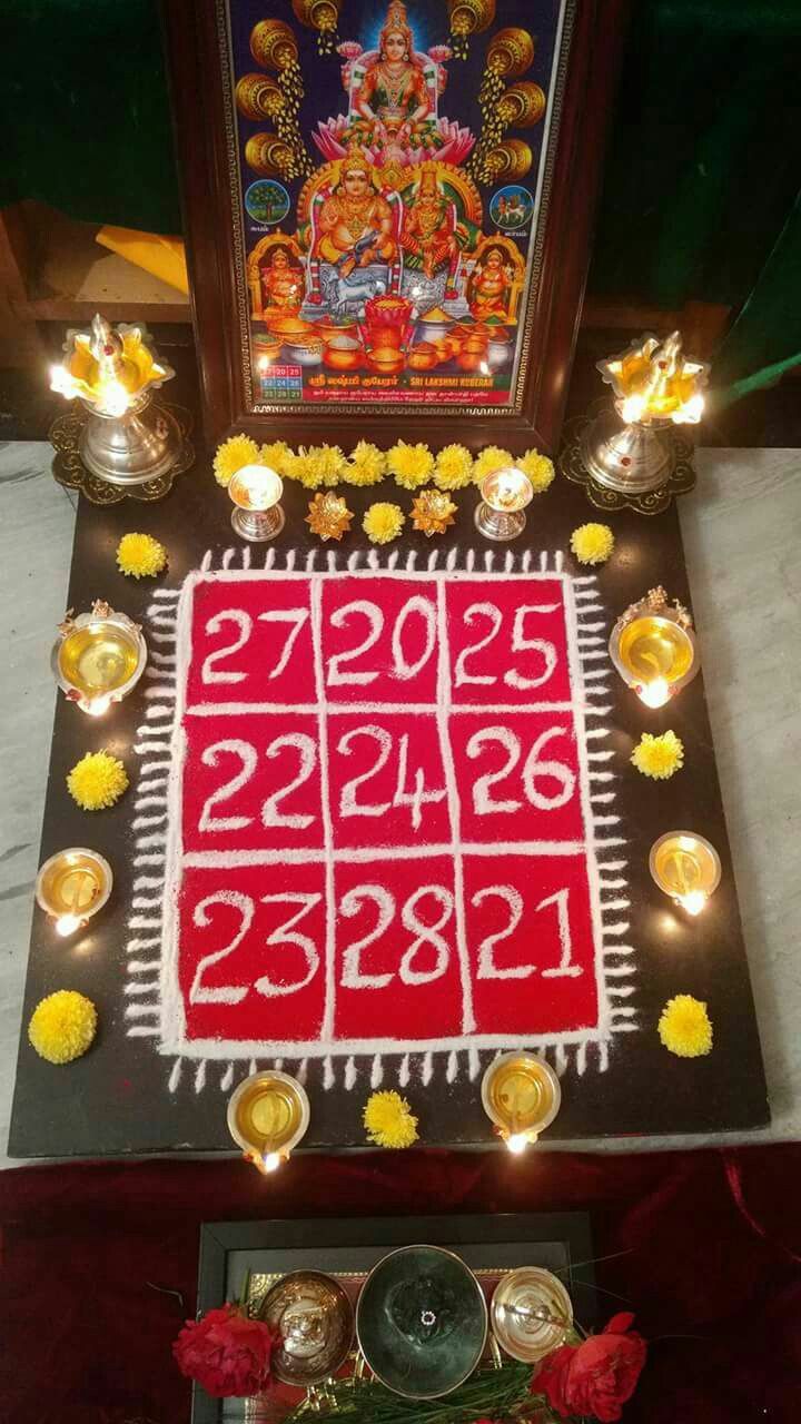 a table topped with candles and a large red rug covered in numbers on top of it