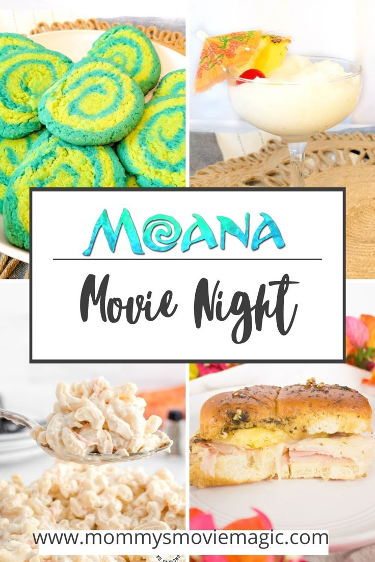 there are many different foods on the plate with words above them that read moan movie night