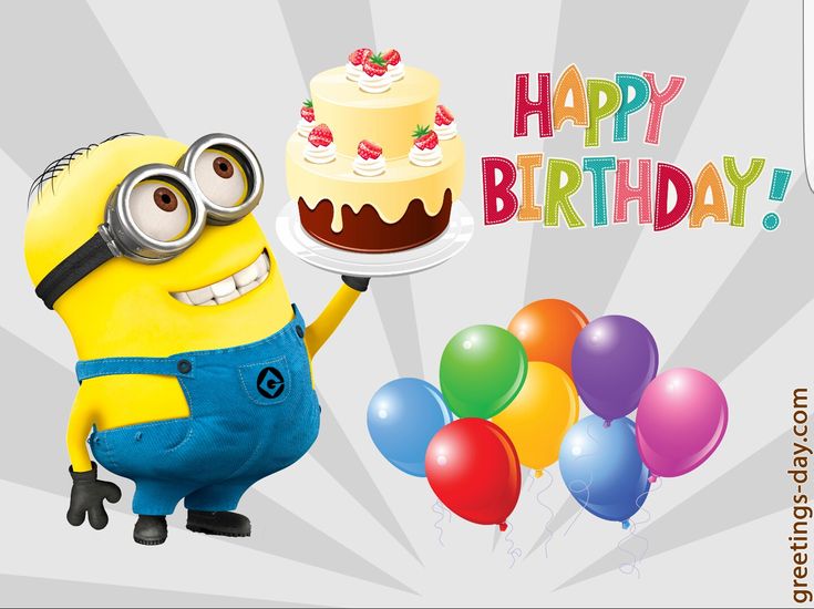 a happy birthday card with a minion holding a cake and balloons