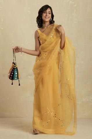 Shop for Charkhee Yellow Organza Embroidered Saree With Blouse for Women Online at Aza Fashions Organza Blouses, Salwar Suit Neck Designs, Suit Neck Designs, Saree Organza, Online Shopping Sarees, Saree Jewellery, Organza Blouse, Desi Fashion Casual, Simple Sarees