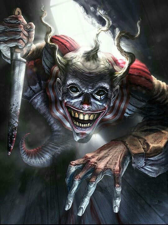 an evil clown holding a knife in his hand