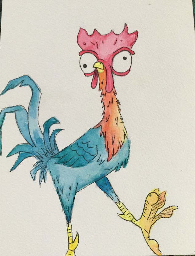 a drawing of a rooster with big eyes