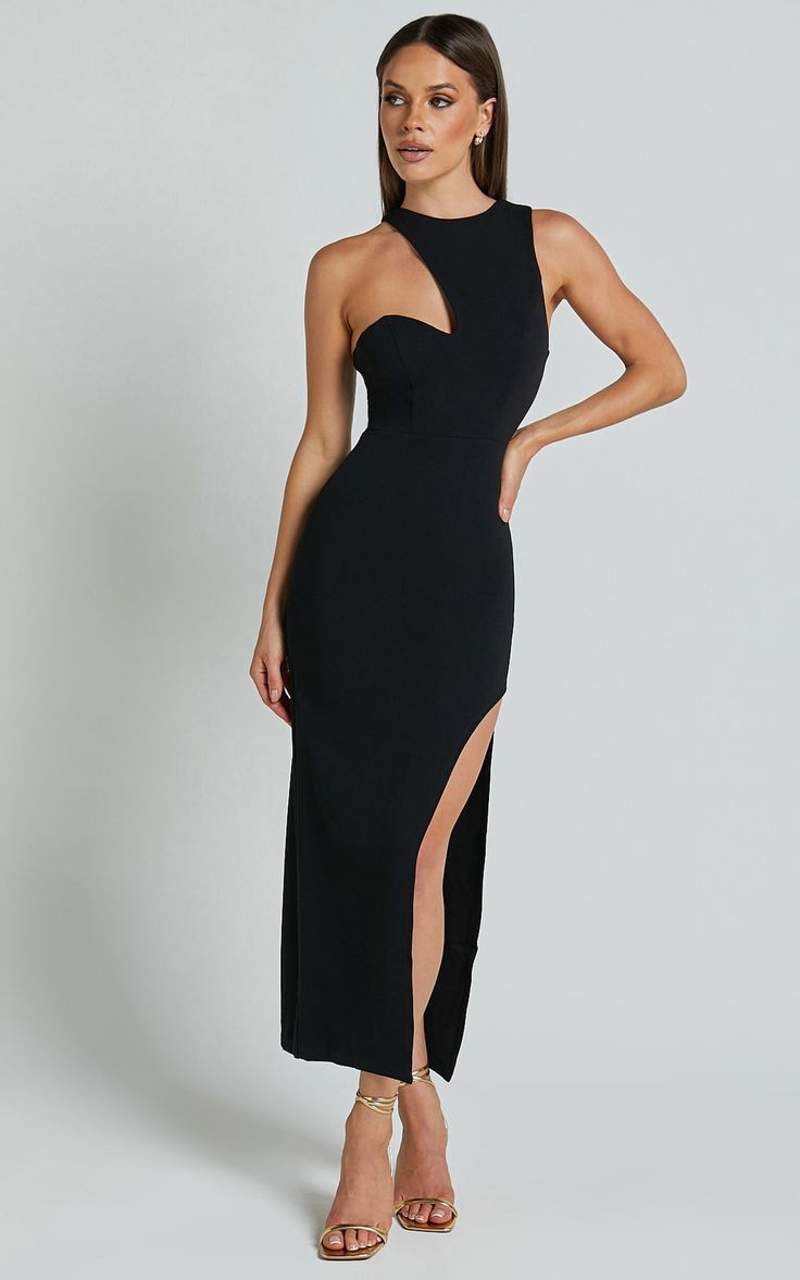 Alexis Midi Dress - Cut Out Detail High Split Dress in Black | Showpo USA Floor-length Split Design Dress For Night Out, Formal Evening Dress With Side Slits For Prom, Stretch Maxi Dress With Split Design For Night Out, Glamorous Maxi Dress With Asymmetrical Neckline For Night Out, Glamorous Asymmetrical Neckline Maxi Dress For Night Out, Fitted Maxi Dress With Split Design For Prom, Chic Maxi Dress With Back Zipper For Prom, Elegant Stretch Dress With Cutout, Chic Black Bodycon Dress For Prom