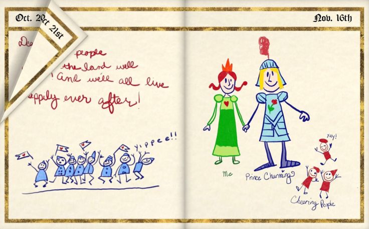 an open children's book with drawings on the pages and writing in red ink