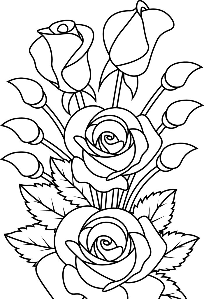 a black and white drawing of roses with leaves