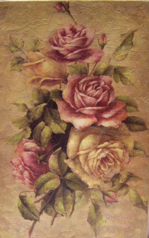 a painting of three pink roses with green leaves