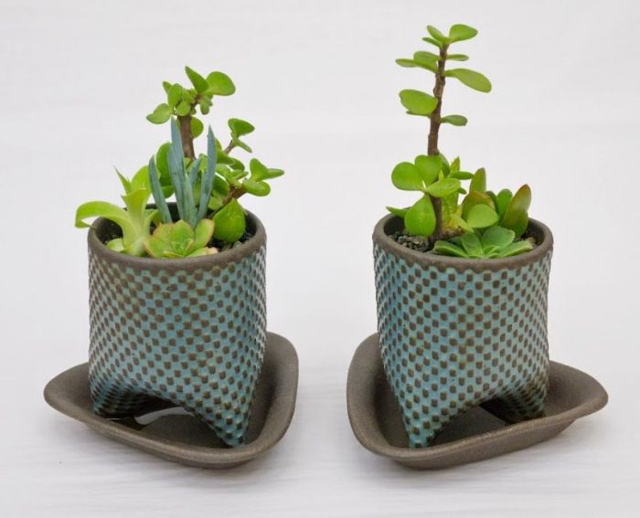 two planters with plants in them sitting on top of saucer holders, one is shaped like a boat