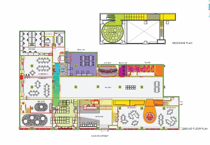 the floor plan for an apartment building with two floors and three levels, in different colors