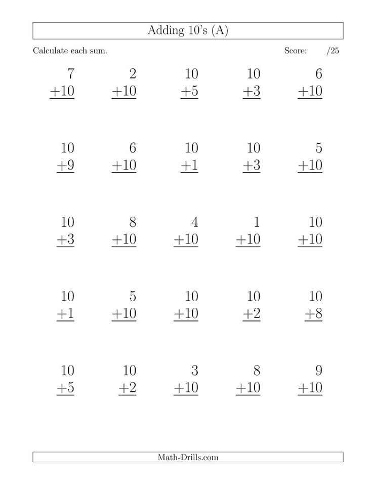 The 25 Vertical Adding Tens Questions (A) math worksheet from the ...