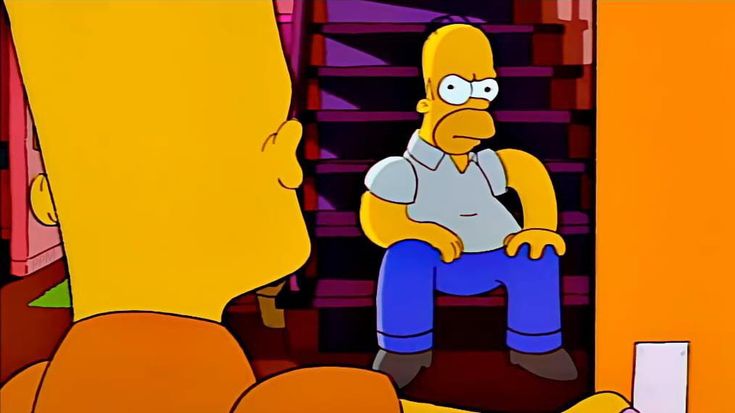 the simpsons character is sitting in front of a man with his hand on his hip