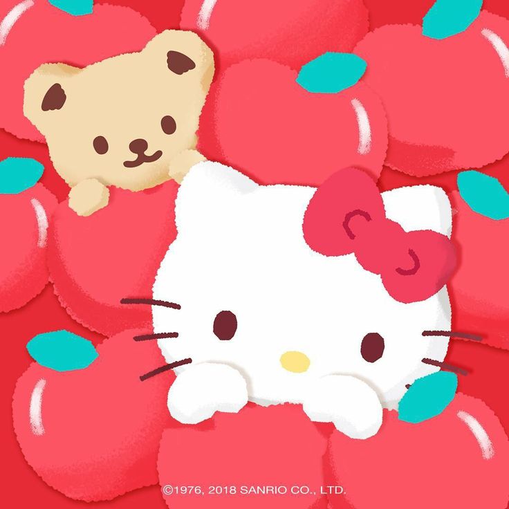 a hello kitty wallpaper with apples and a teddy bear in the middle, on a red background