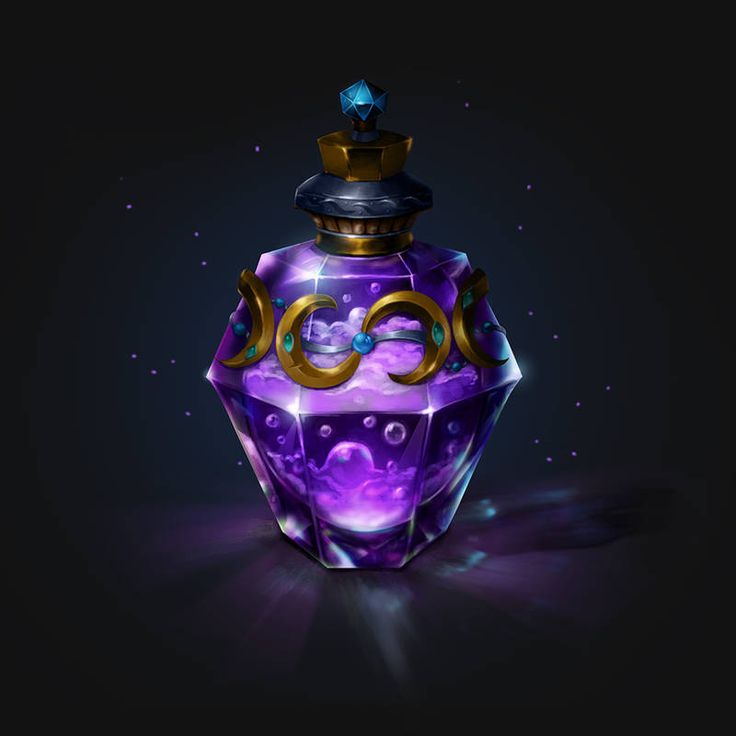 a purple glass bottle with a gold ring around it's neck on a black background