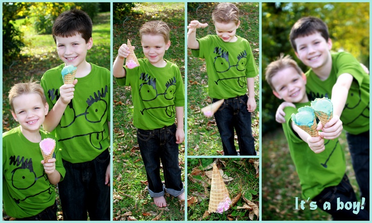 two young boys in green shirts holding ice cream cones and one boy wearing black pants